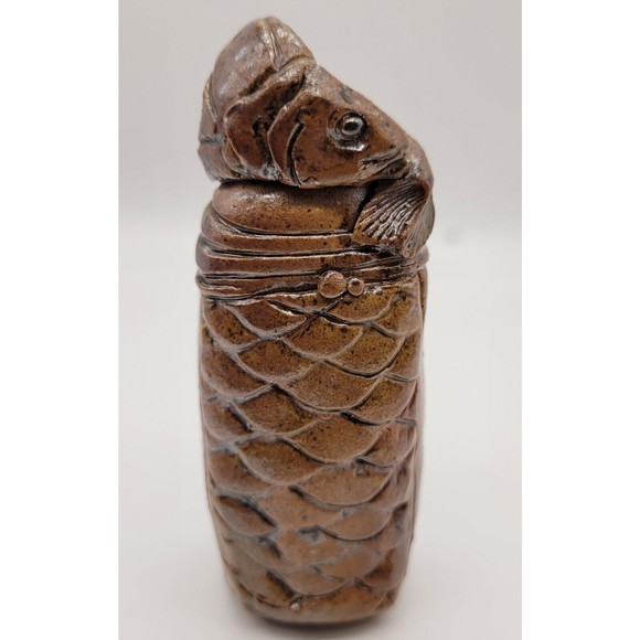 Vintage Fish Pottery Brown Signed Bud Vase Scales Tail Eyes Small Fisherman - Picture 1 of 7